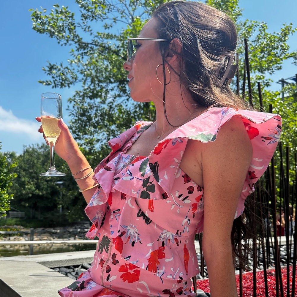 C/MEO Collective Floral‎ Ruffle Square neck Mini Dress Party Cocktail Pink XXS